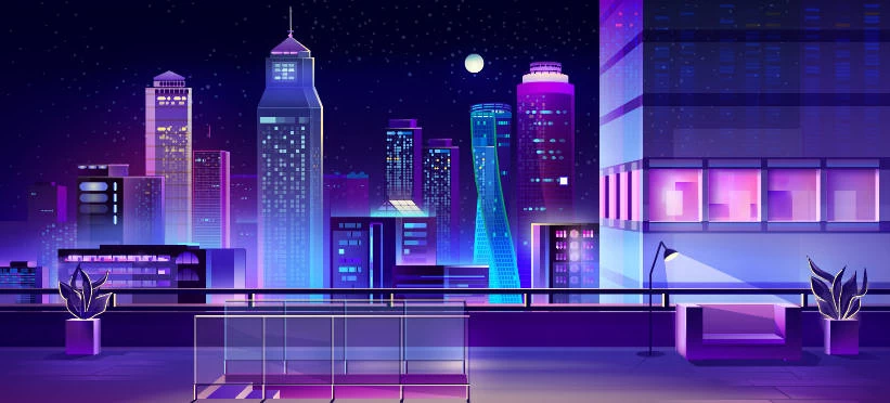未来科技科幻霓虹灯渐变绚丽城市建筑夜景灯光插画AI/PSD设计素材100套【032】